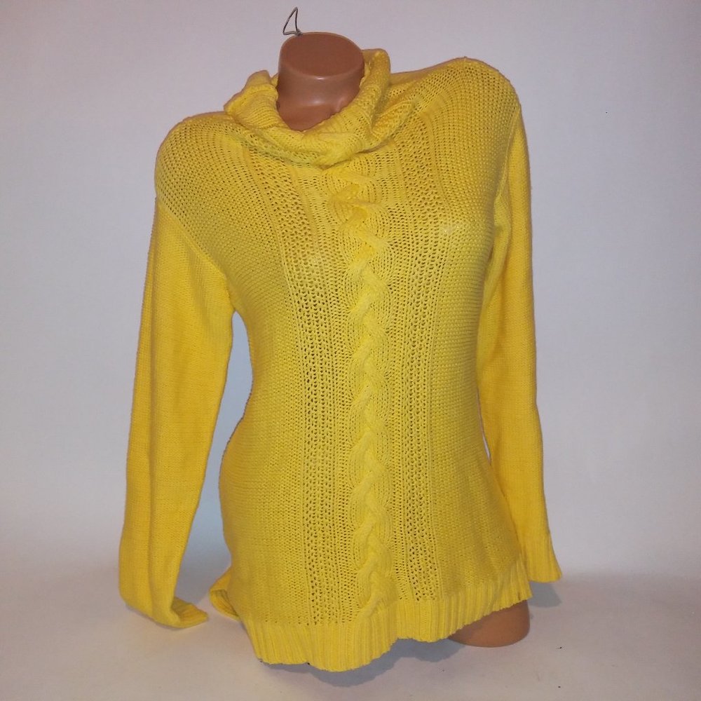 Chaps Sweater Womens Medium Yellow Cable Knit‎ Solid Turtleneck Long Sleeve
